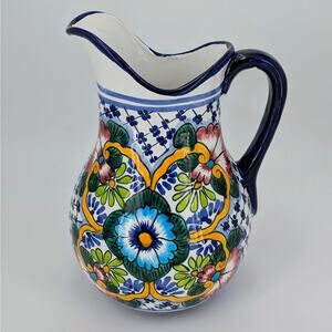 La Maceta Mexican Talavera Pitcher - Large Hand Painted Floral Folk Art Vase